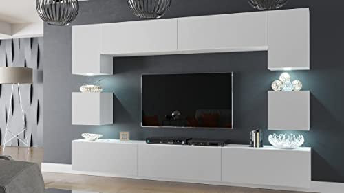 Furnitech Wohnwand Wohnzimmer | Wohnzimmer Möbel mit LED RGB - 16 Farben | Hängend Wohnwand Modern | Wohnzimmer Schrankwand mit Regale und TV Schrank (Nowara AN1-17W-M53 1A MATT)