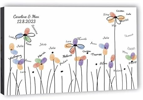 galleryy.net Fingerabdruck-Leinwand Hochzeit Leinwand 60x40 cm - Individuell mit Namen & Datum - INKL. Zubehör-set mit Stempelkissen, Stift und Hochzeitsbuch - Motiv - Blumenwiese