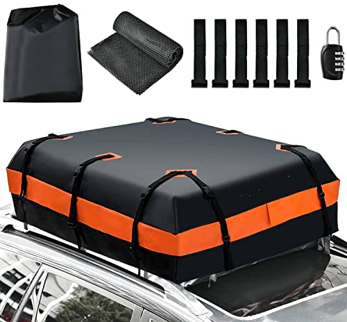 COSTWAY 15/21 Cubic Feet Car Roof Bag, 100% Waterproof Roofing Cargo Carrier with Anti-Slip Mat, Combination Lock & Straps, Rooftop Luggage Storage Box (Black+Orange, 15 Cubic Ft/424L)
