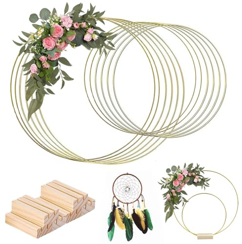 Metallringe zum Basteln, 12 Stück Dekoring mit Fuß Metallring, 30cm/20cm Metallring mit 6 Stück Holzständern, Metall Deko Ringe mit Ständer für DIY Blumen Basteln Handwerk, Hochzeitstischdekoration