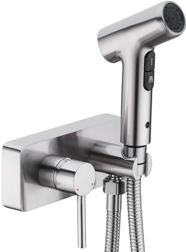 BSTIIU Brass Handheld Bidet Sprayer for Toilet Hot and Cold Bidet Faucet Attachment, Bathroom Vanity Side Mount 2 Function Baby Diaper Douche Kit, Brushed Nickel