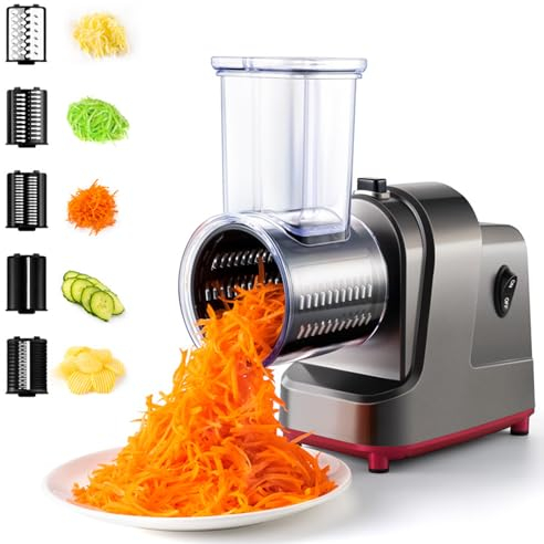 WUDLi Rallador de Queso Eléctrico, Cortadora Eléctrica Profesional de 250 W, Ensaladora Eléctrica para Frutas, Verduras, Queso, Ensaladora con 5 Accesorios Gratis