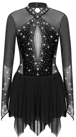 iEFiEL Glitzer Eiskunstlauf Kleid Damen Langarm Kürkleid Strasssteine Rollkunstlaufkleid Leotard Tanzanzug Wettbewerb Tanzkostüm