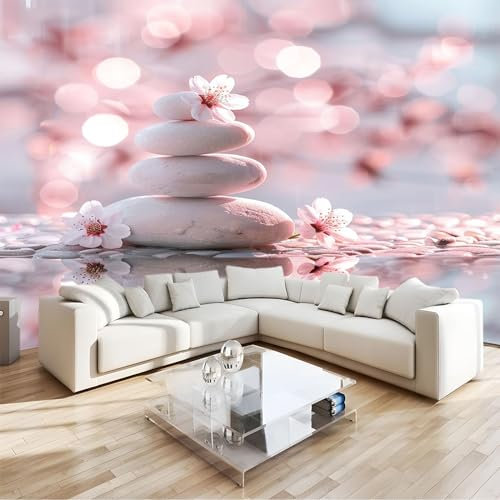 Fotomurale Pietra artistica con fiori di pesco rosa Carta da parati Fotomurali TNT Murale alla Moda Decorazione da Muro Poster Gigante Design Carta per pareti 200x140 cm