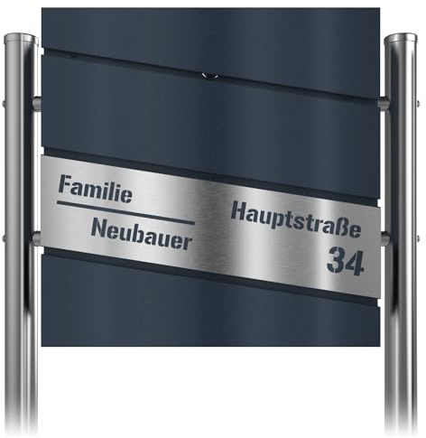 Graviers Design Briefkasten in Anthrazit RAL 7016 mit Standfuß freistehend - Laserschnitt diagonal Postkasten personalisiert Edelstahl Namensschild Hausnummer - Briefbox mit Schloss Zeitungsfach