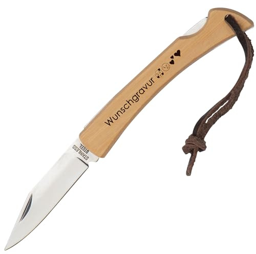 Juwelier Schönschmied Taschenmesser mit Gravu aus Bambus mit Aufhängeschlaufe | Taschenmesser mit Wunschgravur | Sicherheitsverschluss | KN7
