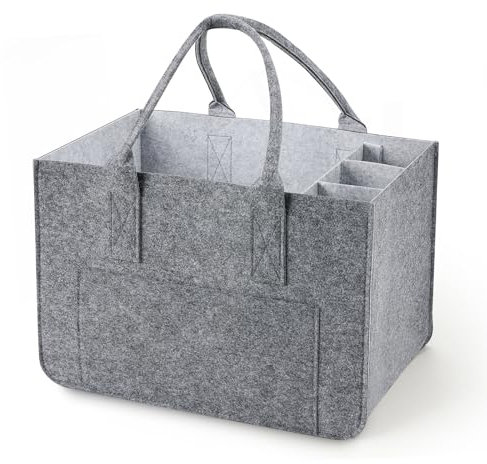 Eurhomewit Filztasche Einkaufstasche mit Fächern, Filztasche Groß 30L Faltbar und Robust Filz Einkaufskörbe Flaschentasche Kaminholztasche Kleiderkorb Spielzeugtasche (Hellgrau/1 Stück)