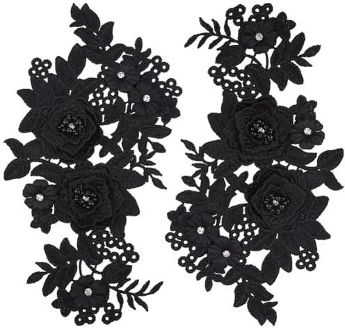GORGECRAFT 2Stk 3D-Blumen-Spitzen-Applikationen Mit Strass-Perlen Bestickt Zum Aufnähen/Aufbügeln Schwarzes Blumenmotiv Stoffkragenbesatz Flicken Für Hochzeit Dekoration Kleidung Nähen DIY-Basteln