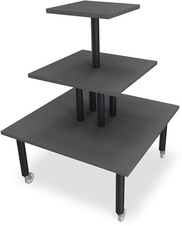 Aigentlich Pyramidentisch Holz rollbar, Warentisch versch. Größen und Farben, Verkaufstisch 3 Etagen, Ladentisch mit schwarzen Beinen, Etagentisch H120 cm (Anthrazit, 90x90 / 60x60 / 40x40 cm)