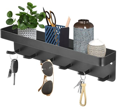TOKPLNU Key Holder for Wall, Black Keys Rack with 6 Hooks,Stainless Steel Key Hook Hanger for Wall Decorative, Self Adhesive Keys Hanger for Hallway Entryway Kitchen(Black)