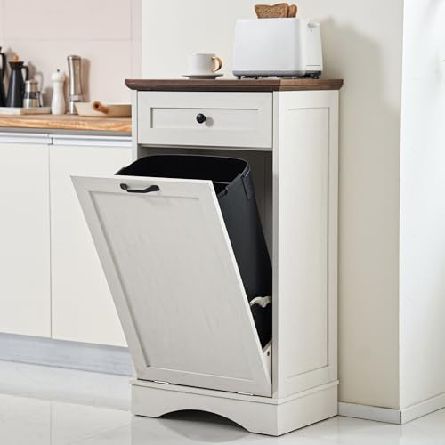 OUTGUAVA 13 Gallons Tilt Out Trash Cabinet Freestanding Kitchen Trash Bin Cabinet Wood Garbage Recycling Cabinet with Hideaway Drawer Pet Proof Trash Can Holder for Kitchen Living Room, Antique White