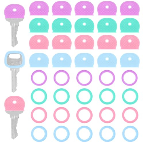 Prasacco 40 Pieces Key Covers Caps, Plastic Key Caps Covers Tags Set Key Identifier Coding Rings Colorful Key Coding Rings Key Toppers Key Head Protectors for Standard Flat Organization House Key