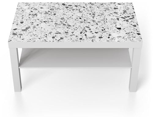 DEQORI Glastisch | weiß groß 90x50 cm | Motiv Grauer Terrazzo | ausgefallener Beistelltisch aus Glas | Hochglanz Couchtisch fürs Wohnzimmer | moderner Couch Tisch mit Design