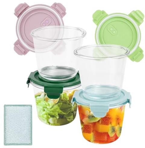 YBCCBY Contenitori per alimenti in vetro da 4 tazze con coperchio, 750 ml, ermetici, rotondi, adatti per microonde, lavastoviglie e freezer, senza BPA, include 1 spazzola per piatti, ideale per la