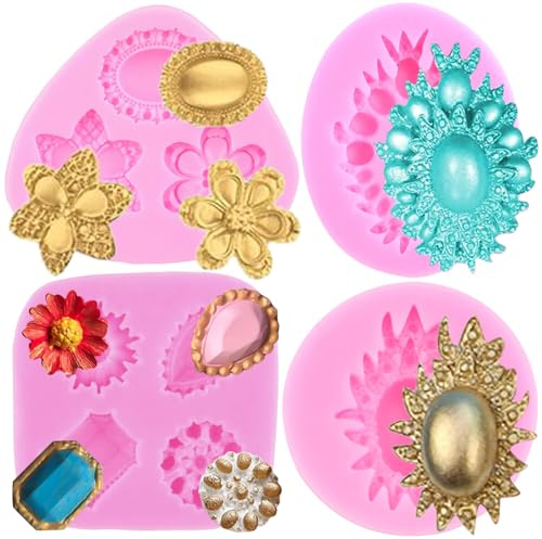 RFGHAC fondantformar för europeiska vintagesmycken, ädelsten och diamantbrosch, silikonformar för att dekorera kakor, cupcake-toppar, godis, polymerlera, blompasta, set om 4