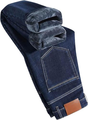 Suncadmious Jeans Imbottiti Caldi Invernali da Uomo Jeans Larghi vestibilità Jeans Foderati in Pile Pantaloni da Lavoro Gamba Dritta Jeans a Vita Alta Jeans Caldi Magri Jeans Elasticizzati (Blu,34)