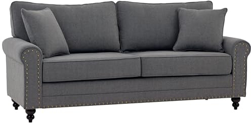 HOMCOM 196cm 3 Seater Sofa with Rubber Wood Legs, Nailhead Trim, Grey | Nailhead Trim, 2 Pillows, Small Upholstered Sofa Settee, Living Room, Guest Room