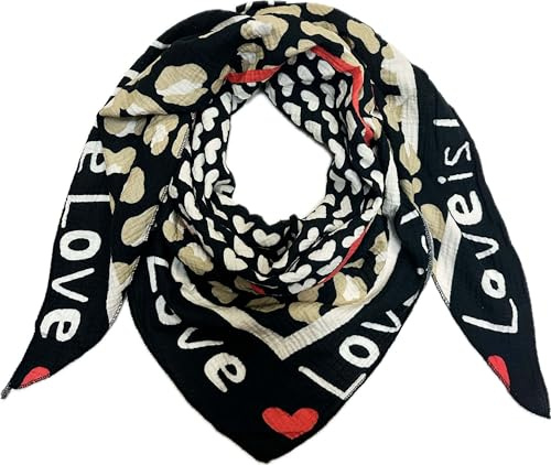Love Herz Leopard Dreieck Schal aus 100% Baumwolle Frühling Unisex Uni Fashion Stola Tuch Übergangszeit Italy Sommer Strickschal Strick Tuch Heart Leo Happy
