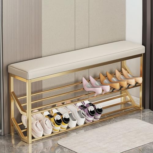 HARELA Polsterbank Schuhregal Metall mit 2 Ebenen und Sitzbank Schuhbank Schuhschrank, Aufbewahrungsbank, Schuhschrank mit großer Kapazität für den Eingangsbereich(Gold B,100cm/39.4in)