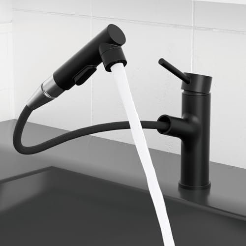 Wasserhahn Bad Schwarz, SEMANEY Waschtischarmatur mit Herausziehbarer Brause 3 Modi, Mischbatterie Waschbecken Armaturen Ausziehbar, Einhebelmischer Armatur Badezimmer, G3/8