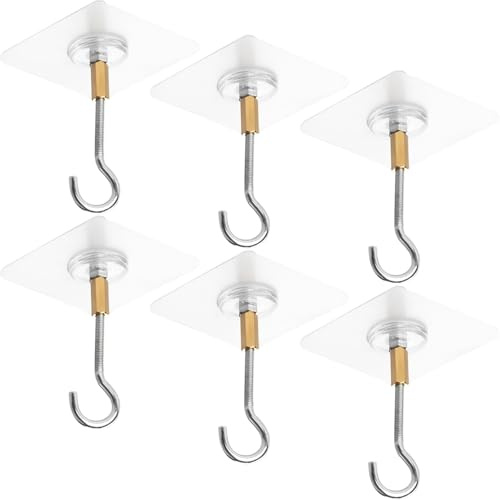 Aswewamt 6Pcs Self Adhesive Hooks, Ceiling Hook Easy Installation Strong Hold Ceiling Hooks Heavy Duty Sticky Tools for Hanging Kitchen Bathroom Office