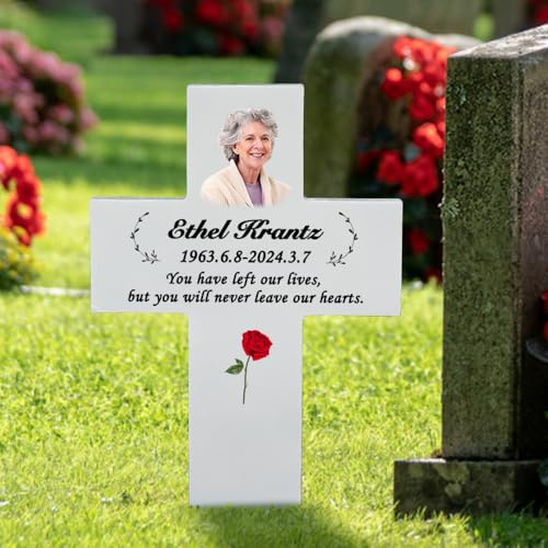 CUDMORERBE Cross Memorial Stones Grave Markers, Personalized Cross Gravestones Tombstone Plaques with Photo, Memory Stones Sympathy Memorial Gifts for Loss of Loved Ones Dad Mom Grandma