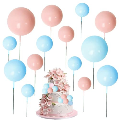40 Pcs Round Ball Cake Toppers Decorations, Mini DIY Tools Ball Bakeware Decorating Balloons Cake Topper Sticks, Cake Decorations for Wedding Anniversary Birthday Party(Pink+Blue)