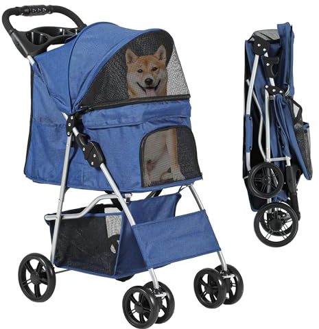 DWVO Passeggino per animali domestici Buggy per cani di taglia media e gatti fino a 15 kg, pieghevole Hundebuggy con finestre in rete e portabicchieri, cestino portaoggetti, passeggino per gatti (Blu)