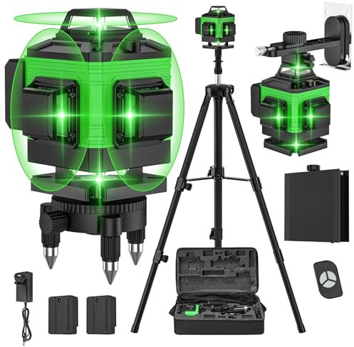 Laser Level Self Leveling 4 x 360°, 4D 16 Lines Green Laser Level with 2 x 2400mAh Batteries, Adjustable Tripod, Swivel Base, Remote Control and Wall Bracket, IP54 Waterproof and Dustproof (Green)