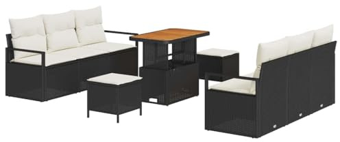 vidaXL 9-teiliges Garten-Sofaset mit Kissen in Schwarz und Cremeweiß aus Polyrattan – Outdoor-Möbel für 5 Personen, modernes Design, wetterfestes Loungeset für die Terrasse, modular für den Sommer