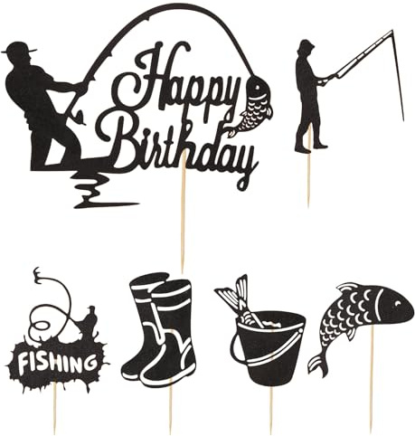 6 Stück Kuchendekorationen Happy Birthday Tortendeko Fisch Thema für Jungen und Herren DIY Angelzubehör für Geburtstag Kreative und Originelle Tortendeko für Fischliebhaber | Hochwertige schwarze Pappaufsätze, einfach anzubringen, vielseitig für Desserts, Thementische und Bastelarbeiten.