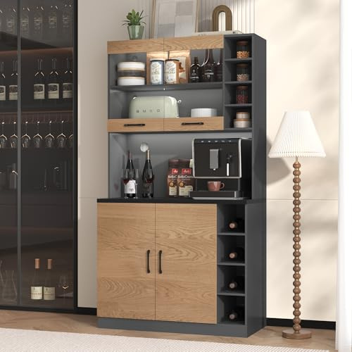100 x 47 x 187 cm, armario de cocina, buffet con iluminación LED ambiental y agujeros para cables, tablero de cocina de madera, gran espacio para microondas, independiente, estantes laterales de