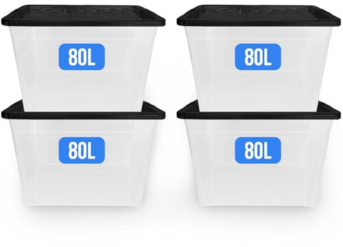 KAPCO Big Storage Boxes 4 x 80L Large Box with Black Lid | Durable Stackable Chest with Snap-On Lid | Plastic Tub Organiser as Loft, Moving Boxes & Long Plastic Storage Box | 80 Litre | Made in U.K