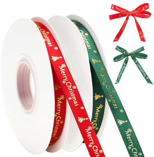 G2PLUS 2 Rouleaux Ruban de Noël:10 mm Ruban Satin Rouge et Vert 25 Yards Estampé à Chaud Sapin de Fête de Polyester,pour Emballage Cadeau,Noël,Mariage et Baptême