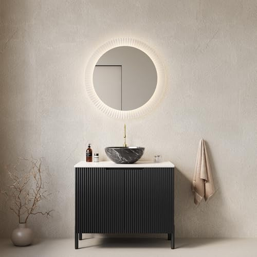 ZHOMGG 76 cm Mobile Bagno Indipendente – Lavabo Nero in Ceramica Curvo con Vene Naturali, Piano in Pietra Sinteta, Conservazione Integrata (Robinet Non Incluso)(D)