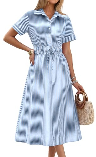 ANRABESS Women Summer Short Sleeve Midi Dress, Striped & Gingham, Casual A-Line Button Collar Shirt Dress, Beach & Vacation Blue White Stripe L