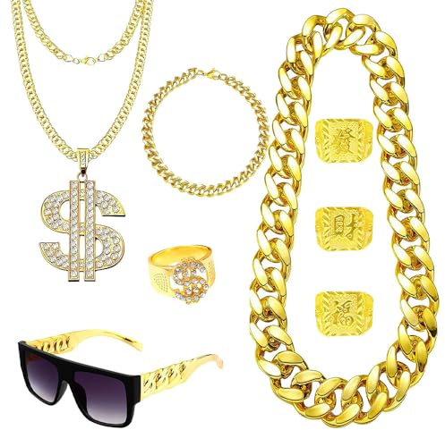 Weciau Zuhälter Kostüm Set, Hip Hop Kostüm, 80er Jahre Accessoires mit Dollar Kette, Große Goldene Kette, Dollar Ring, 3 Goldring, Sonnenbrille, Kleine Goldkette, für Karneval Fasching