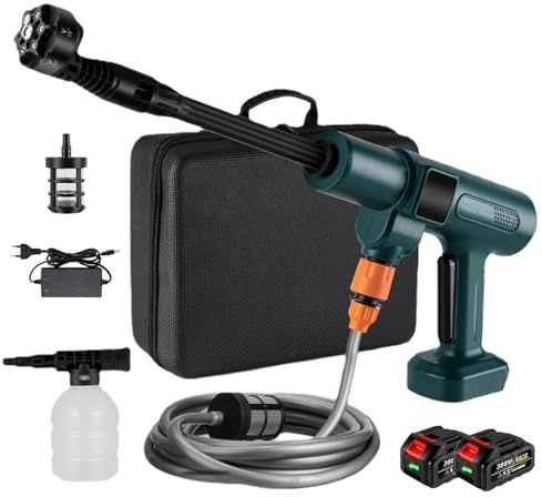 Nettoyeur Haute Pression électrique, 15 Bars 300 W, Jet Portable sans balais, buse Multifonction, Tuyau de 5 m avec 2 Batteries, pour Le Nettoyage de la terrasse du Jardin de la Voiture