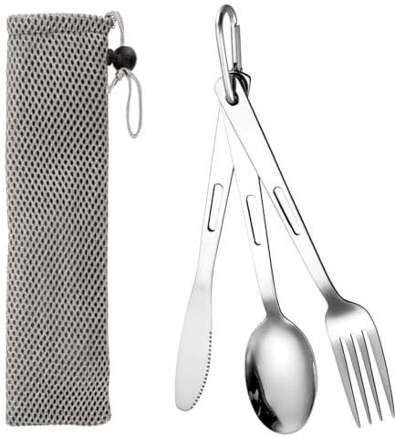 YAZWUR 3 piezas Cubiertos para Llevar, Portátil Camping, Juego de Acero Inoxidable Reutilizables, Set de para Viaje y Trabajo, con Cuchillos, mosquetones, Cuchara, Tenedores, Bolsa de Almacenamiento