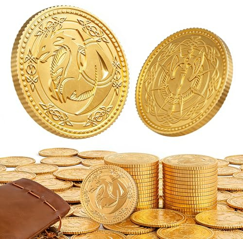 Byhoo Guldmynt 100 STK Mynt, Dragon Yue Metallmynt för DND med PU Läderväska, Stort Skattset för Dungeons and Dragons, Tung Vikt Metall Dubbelsidig Dragon & Yxa Relief RPG Tillbehör
