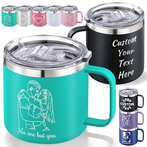 Personalised Insulated Coffee Mug with Name/Text/Logo Engraved, Custom Stainless Steel Travel Tumbler with Lid Handle Double Wall Thermal Cup Customised Office Outdoor Birthday Corporate Gift-12/14oz