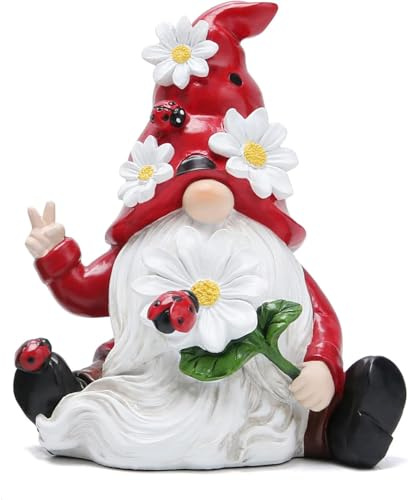 ZAWUU Ladybird and Daisy Gonk Garden Ornament, Resin Spring Gnome Statue with Peace Sign for Outdoor Patio Decor, Red Figurine Decoration for Balcony, Porch and Home