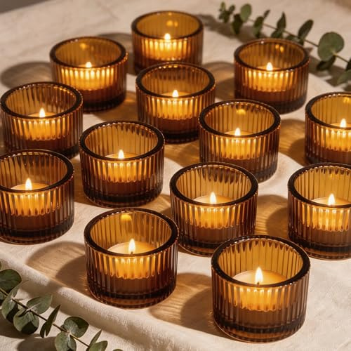 Filltown 12 Stück Teelichthalter, Bernstein Vintage Kleine Teelichtgläser, 5.2cm x 3.5cm Amber Teelichter Glas, Teelicht Kerzengläser für Hochzeit Geburtstagsparty Home Decoration