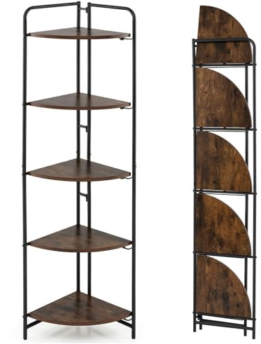 CASART Corner Shelf, 4/5/6-Tier Wooden Tall Bookshelf, Freestanding Storage Shelf Narrow Ladder Shelving Unit for Living Room Bedroom Office Hallway (Rustic Brown+Black, 5-Tier) | Freestanding Storage Shelf Narrow Ladder Shelving Unit for Living Room Bedroom Office Hallway (Rustic Brown+Black, 5-Tier)