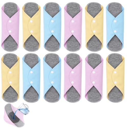 12PCS Reusable Sanitary Pads, Twelve Washable Cotton Panty Liners in Assorted Colours, Daily Freshness Protection for Women, Light Menstrual Care, Portable Hygiene Solutions for Travel and Office Use