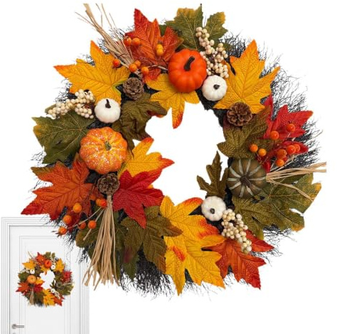 Dekorativa höstkransar för ytterdörren 55,9 Centimeter Konstgjord | Eukalyptus Löv, Bär, Och Kransar för Halloween, skördefestival, , , vägg, fönster, inomhus,