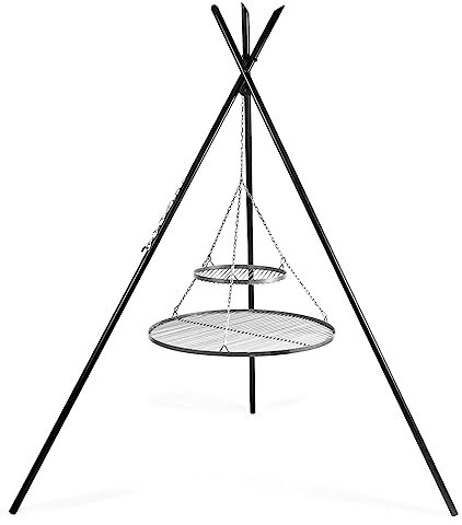 Korono® Barbecue suspendu (trois pieds), revêtu par pulvérisation, 220 cm de haut avec deux grilles (2 grilles en acier inoxydable) : 80 cm Ø/40 cm Ø/4 mm)