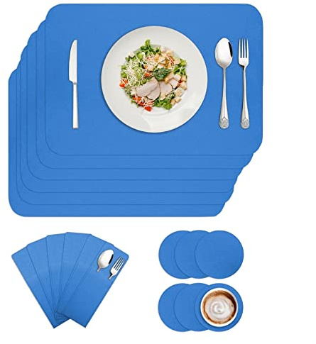 BESTORI Filz Tischset 6er Set, Waschbare Platzdeckchen Hitzebeständig Abwischbar Platzset mit Untersetzer und Bestecktaschen Blau 30x40cm
