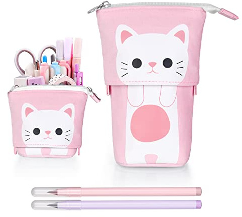 Vicloon Federmäppchen Reißverschluss, Federmäppchen Mädchen, Schlampermäppchen und Stifteköcher 2-in-1, Teleskopisch Mäppchen, mit 2 Ewiger Stift, Cartoon Katze für Teenager Mädchen