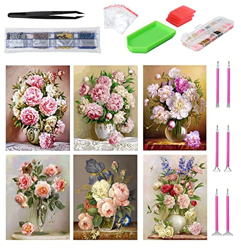 Kinsinder 6 Stück 5D Diamant Malerei Set, DIY Diamant Malerei Erwachsene, Diamant Malerei Bilder Vollbohrer für Home Wand Decor 30x40cm (Blume)